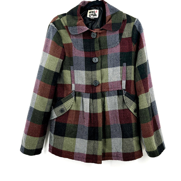 Volcom Jacket Plaid Wool Blend Full Zip Button Front Pockets Peplum Hem - Picture 1 of 11
